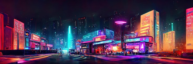 Cyberpunk city street, night view, futuristic city, neon lights. Night street scene, retro future.