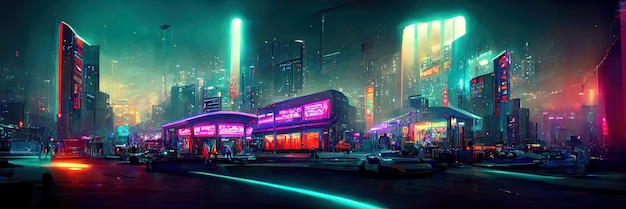 Cyberpunk city street, night view, futuristic city, neon lights. Night street scene, retro future.