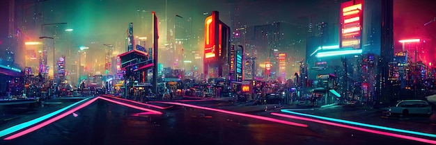 Cyberpunk city street, night view, futuristic city, neon lights. Night street scene, retro future.