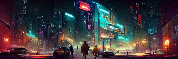 Cyberpunk city street, night view, futuristic city, neon lights. Night street scene, retro future.