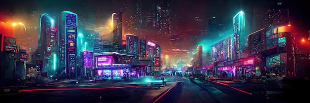 Cyberpunk city street, night view, futuristic city, neon lights. Night street scene, retro future.