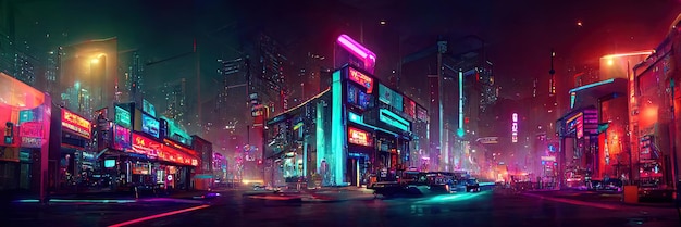 Cyberpunk city street, night view, futuristic city, neon lights. Night street scene, retro future.