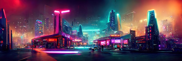 Cyberpunk city street, night view, futuristic city, neon lights. Night street scene, retro future.