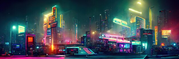 Cyberpunk city street, night view, futuristic city, neon lights. Night street scene, retro future.