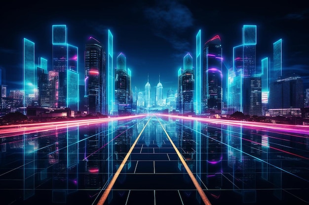 Cyberpunk city street at night with neon lights and futuristic aesthetic