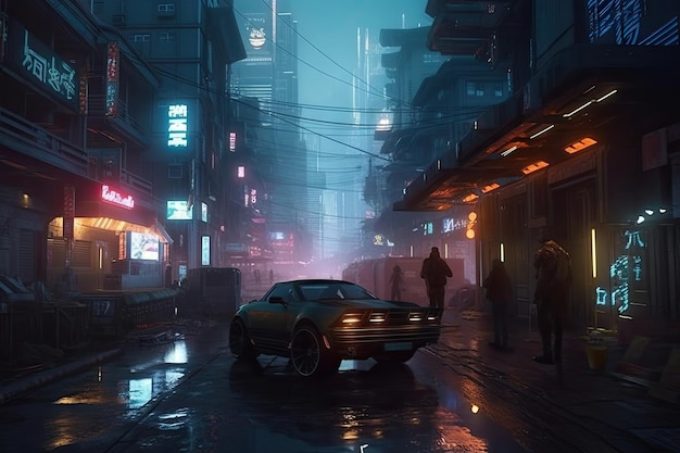 A cyberpunk city street scene with a car in the foreground and a neon sign that says cyberpunk.