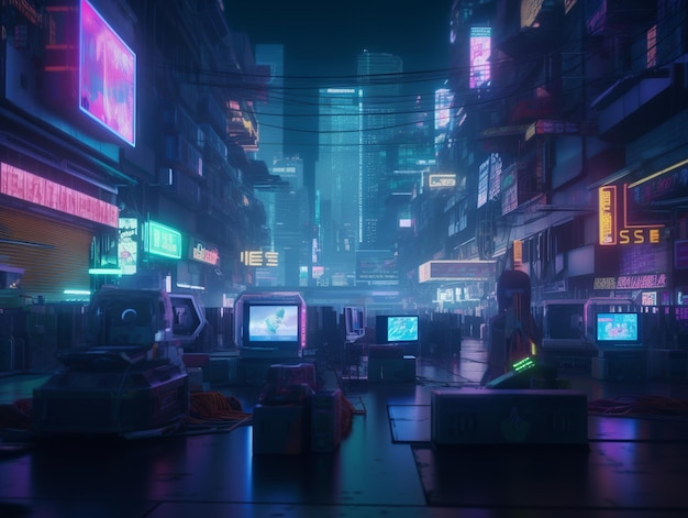 A cyberpunk city with neon signs in the background.