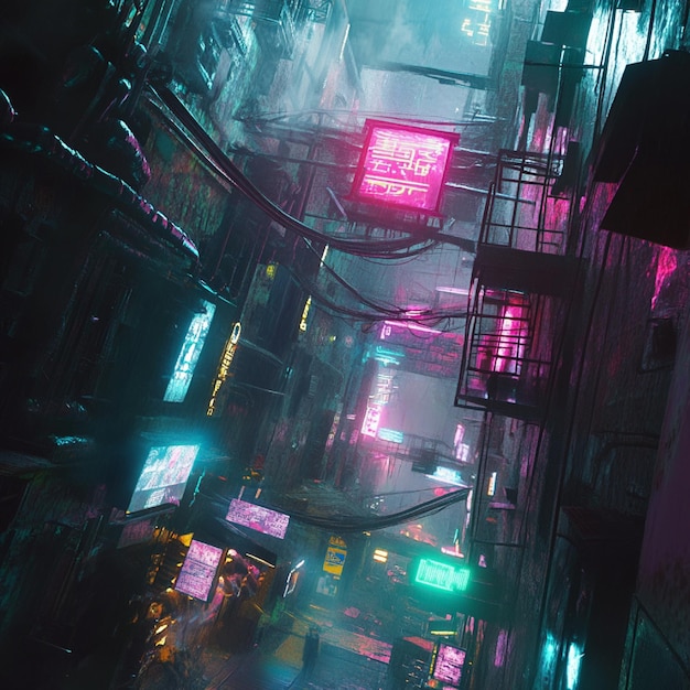 Photo a cyberpunk city with neonlit alleyways