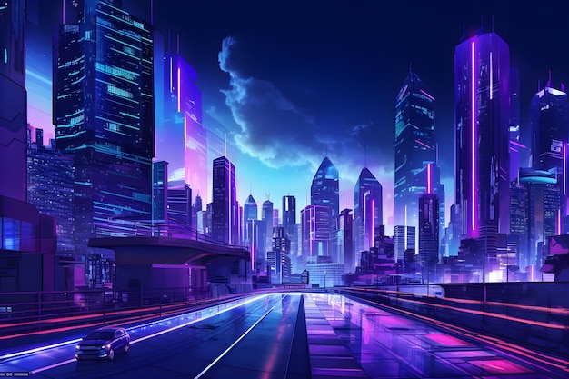 Cyberpunk cityscape abstract background for desktop wallpaper with retrowave design city in geometr