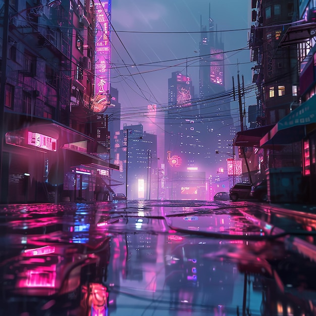 Photo cyberpunk cityscape at dawn vibrant neon lights