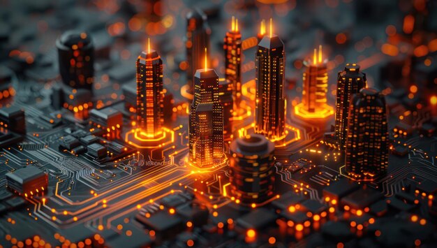 Cyberpunk Cityscape Glowing Towers on Circuitry