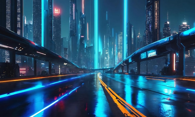 Cyberpunk Cityscape Highway Motion Blur Neon Light Night City Futuristic Vibes of Modern Street