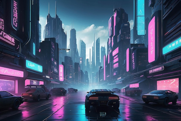 Cyberpunk cityscape illustration mockup