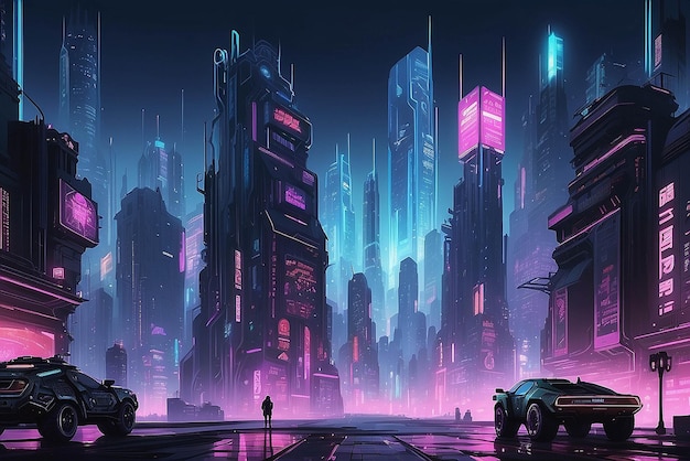 Cyberpunk cityscape illustration mockup