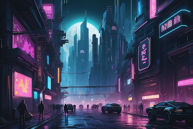 Cyberpunk cityscape illustration mockup