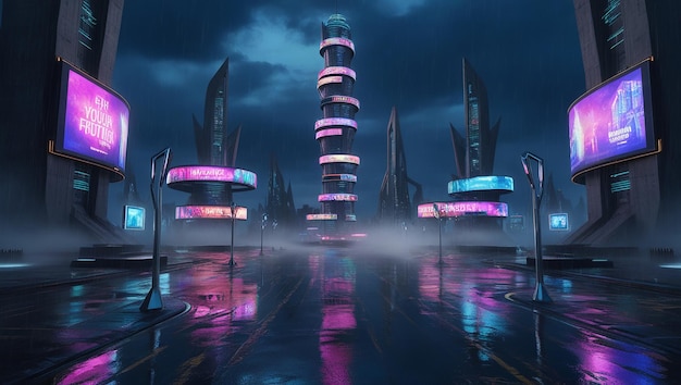 Photo cyberpunk cityscape neonlit rainsoaked streets with digital billboards