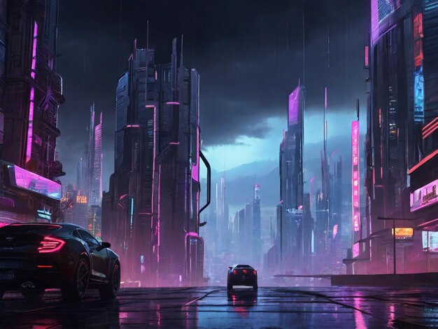 A cyberpunk cityscape under the night sky unfolds