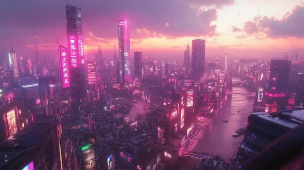 Cyberpunk Cityscape at Sunset