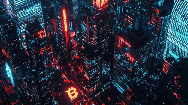 Photo cyberpunk cityscape with bitcoin