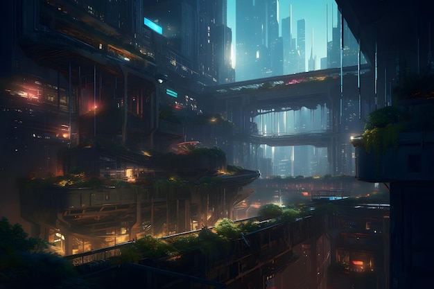 Cyberpunk cityscape with futuristic floating gardens where neonlit skyscrapers and advanced technology coexist with lush greenery and vibrant plant life generative ai