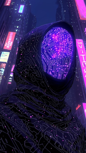 Photo cyberpunk cityscape with mysterious figure