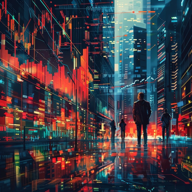 Cyberpunk Cityscape with People Looking Up