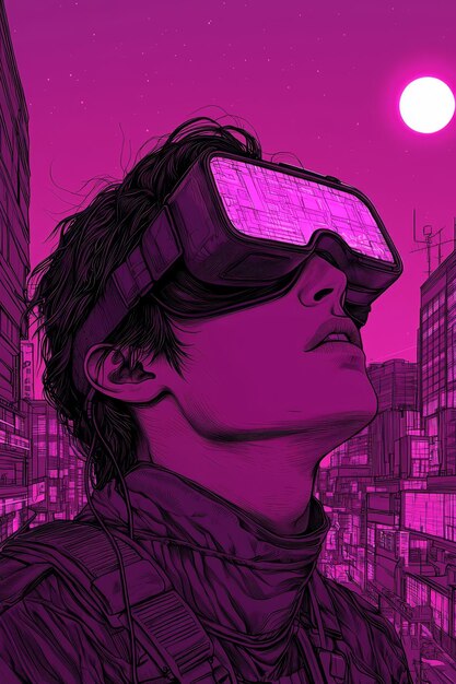 Cyberpunk Cityscape with Person Wearing Virtual Reality Goggles