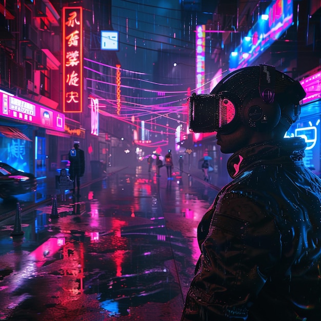 A cyberpunk developer in a neon lit virtual world