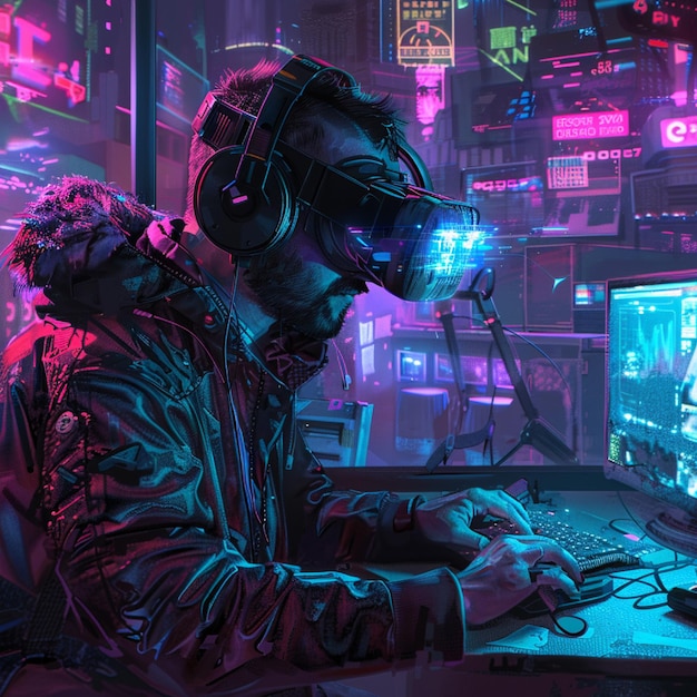 A cyberpunk developer in a neon lit virtual world