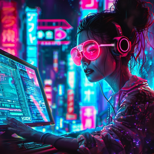 A cyberpunk developer in a neon lit virtual world