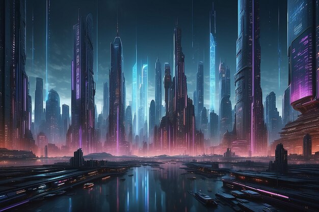 Cyberpunk Dusk Holographic Skyscrapers Reflect Cascading Binary Code in a Sprawling Metropolis Capturing Unique Data Signatures Amid Synthesized Urban Sounds