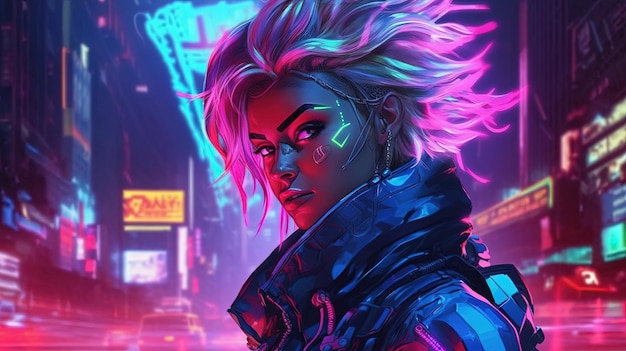 A cyberpunk elf with neon hair and glowing eyes Fantasy concept Illustration painting Generative AI