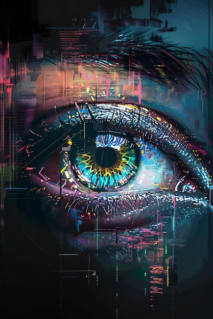 Cyberpunk eye isolated on black background concept art with neon colors