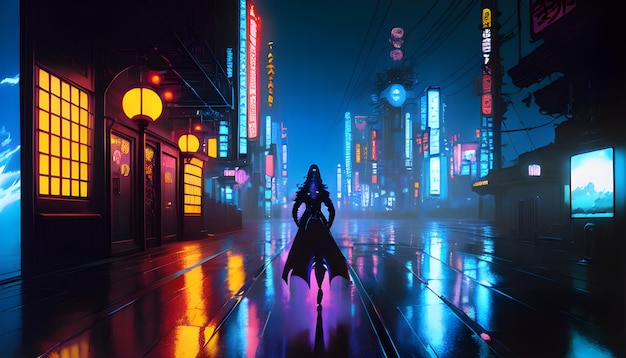 Cyberpunk future city street busy night time lights Generative AI