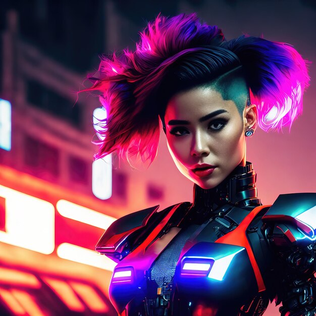 Cyberpunk future technology cyborg robot punk woman with short hair generative art by AI