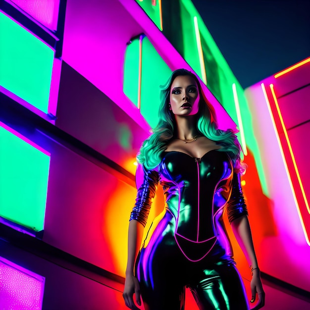 Cyberpunk future woman in rubber latex suit with neon light generative art by AI