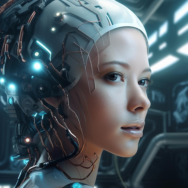 Cyberpunk futuristic and face of scifi woman for video game character digital gaming and metaverse Technology virtual reality and girl in dystopian city at night in ai generated cyborg robot art