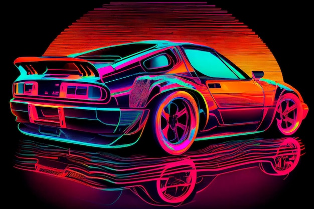 Cyberpunk Futuristic retro wave synth wave car Retro sports car with neon backlight contours Generative ai