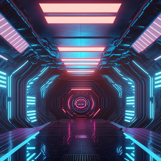 Cyberpunk Futuristic spaceship interior 3d illustration