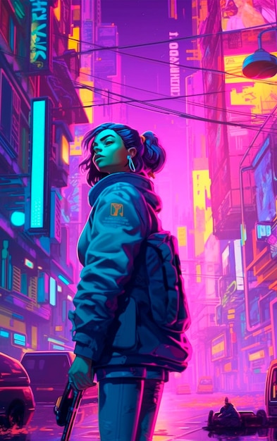 Cyberpunk girl city background in dark pink and yellow neon lights