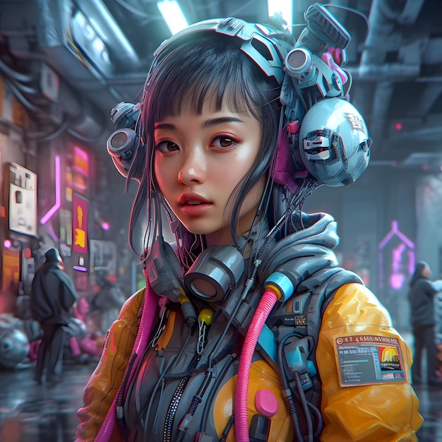 Cyberpunk girl future portrait asian teenager cybernetic illustration