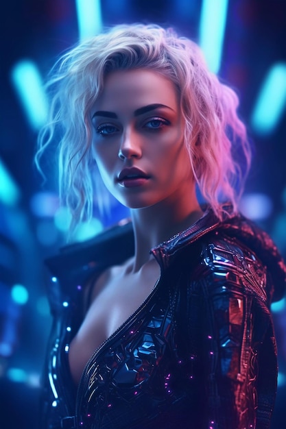 Cyberpunk Girl in Futuristic City Neon lights with futuristic technology