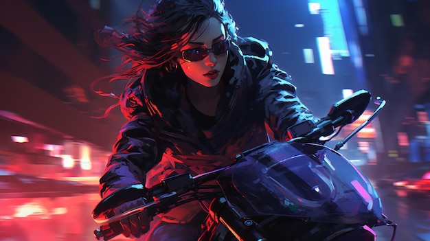 Cyberpunk girl on a motorcycle