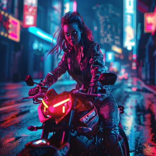 Photo cyberpunk girl on sports bike dark amp gritty cityscape