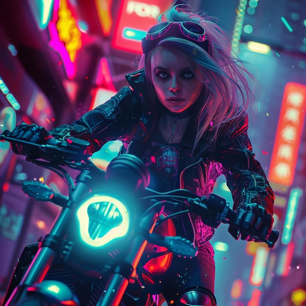 Photo cyberpunk girl on sports bike dark amp gritty cityscape