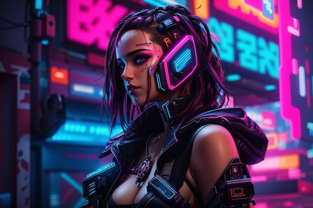 cyberpunk girl woman neon background