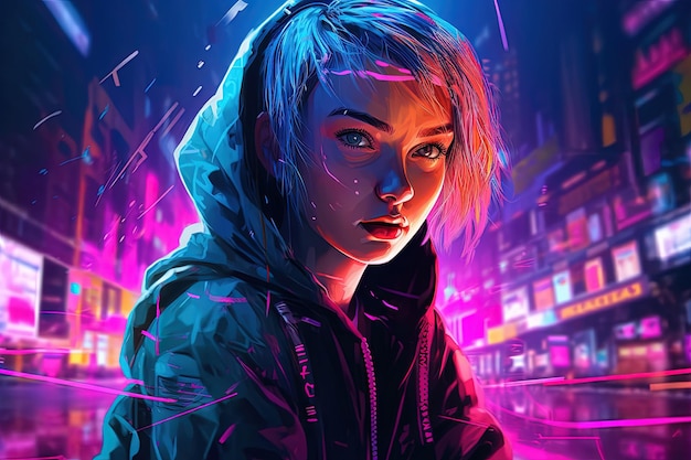 Cyberpunk hacker anime girl with an edgy haircuy typing on a holographic keyboard while surrounded by neon code and digital data manga style illustration generative ai