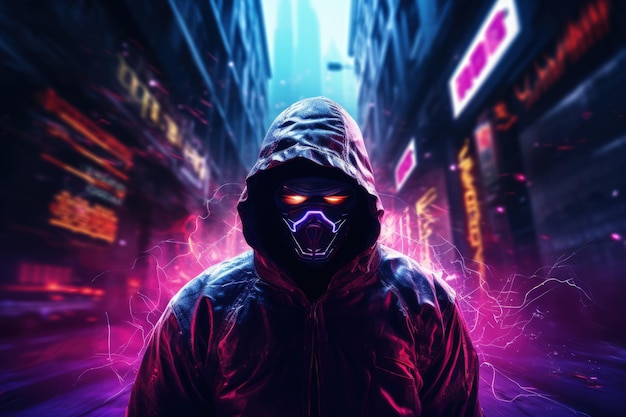 Cyberpunk Hacker in a Neondrenched Alley Generative AI