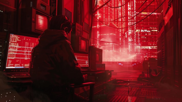 Cyberpunk Hacker in a RedLit Room