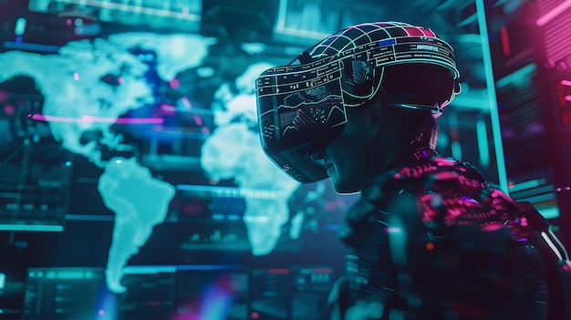 Cyberpunk Hacker With Futuristic Helmet in Front of a World Map